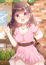 Rule 34 | 1girl, aizawa85, blush, breasts, brown bag, brown hair, cleavage, collarbone, commentary request, dress, highres, jewelry, large breasts, long hair, necklace, open mouth, original, pink dress, short sleeves, solo