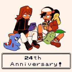 Rule 34 | 2boys, anniversary, black footwear, black jacket, black shirt, boots, chikorita, commentary request, creatures (company), cyndaquil, ethan (pokemon), game boy, game boy color, game freak, game link cable, gen 2 pokemon, handheld game console, hat, holding, holding handheld game console, jacket, long hair, long sleeves, male focus, multiple boys, nintendo, on shoulder, pants, pokemon, pokemon (creature), pokemon gsc, pokemon on shoulder, red jacket, shirt, shoes, shorts, silver (pokemon), sitting, starter pokemon trio, totodile, tyako 089, white background, white pants, white shorts