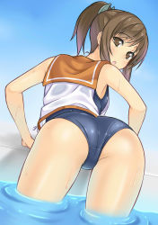 Rule 34 | 10s, 1girl, ass, bad id, blush, brown eyes, brown hair, female focus, from behind, hair ornament, highres, i-401 (kancolle), kantai collection, looking at viewer, looking back, one-piece swimsuit, open mouth, ponytail, school swimsuit, school uniform, short hair, short ponytail, soaking feet, solo, swimsuit, swimsuit under clothes, thighs, twisted neck, violetshit, wading, water