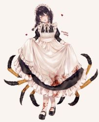Rule 34 | 1girl, absurdres, apron, arthropod girl, beige background, black footwear, black hair, blood, blood on clothes, blush, braid, brown background, commentary request, dress, fang, full body, hair ornament, hairclip, half-closed eyes, head tilt, heart, heterochromia, highres, insect girl, long dress, long sleeves, looking at viewer, maid, maid apron, maid headdress, original, pantyhose, puffy sleeves, red eyes, ribbon, shoes, simple background, solo, spider girl, standing, tarantula, twin braids, white apron, white pantyhose, white ribbon, y o u k a, yellow eyes