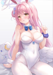Rule 34 | 1girl, angel wings, animal ears, blue archive, breasts, cleavage, crescent, detached collar, feathered wings, flower, frilled ribbon, frills, hair flower, hair ornament, hair ribbon, halo, large breasts, leotard, looking at viewer, low wings, mika (blue archive), nikoo, pantyhose, pink hair, pink halo, playboy bunny, purple flower, rabbit ears, ribbon, solo, strapless, strapless leotard, thighs, white background, white leotard, white pantyhose, white ribbon, white wings, wings, yellow eyes