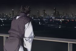 Rule 34 | 1boy, back, black hair, building, choso (jujutsu kaisen), city, cityscape, cowboy shot, highres, japanese clothes, jip, jujutsu kaisen, long sleeves, male focus, night, outdoors, short twintails, solo, twintails