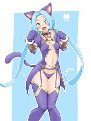 Rule 34 | 1girl, :d, animal ears, blue hair, blush, breasts, cat day, cat ears, cat tail, collar, collarbone, fangs, gloves, green eyes, highres, long hair, looking at viewer, low twintails, medium breasts, meracle chamlotte, navel, o-ring, open mouth, paw pose, small breasts, smile, solo, star ocean, star ocean the last hope, tail, tama (tamathersky), thighhighs, twintails