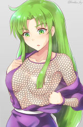 Rule 34 | 1girl, armor, blush, breasts, chainmail, cleavage, collarbone, dress, female focus, ganbare goemon, green eyes, green hair, hair censor, kanden sky, large breasts, long hair, matching hair/eyes, open clothes, open dress, purple dress, see-through, solo, very long hair, yae (ganbare goemon)