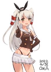 Rule 34 | 1girl, adapted costume, amatsukaze (kancolle), black panties, brown eyes, brown gloves, brown neckerchief, cosplay, cowboy shot, crop top, dated, elbow gloves, gloves, hair tubes, highleg, highleg panties, highres, index finger raised, kantai collection, long hair, looking at viewer, miniskirt, neckerchief, one-hour drawing challenge, owa (ishtail), panties, sailor collar, shimakaze (kancolle), shimakaze (kancolle) (cosplay), silver hair, simple background, skirt, sleeveless, smokestack hair ornament, solo, twitter username, two side up, underwear, white background, white sailor collar, white skirt