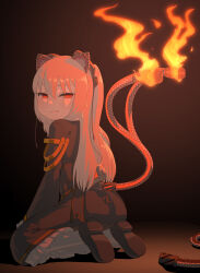 Rule 34 | 1girl, animal ears, black background, black dress, black footwear, brown hair, cat ears, cat girl, cat tail, closed mouth, commentary request, dress, fire, flame-tipped tail, from behind, full body, half-closed eyes, hands on lap, long hair, long sleeves, looking at viewer, looking back, mechanical ears, mechanical parts, mechanical tail, nora cat, nora cat channel, okui misohiko, pantyhose, ringed eyes, seiza, shadow, simple background, sitting, smile, solo, split tail, tail, two side up, virtual youtuber, white pantyhose