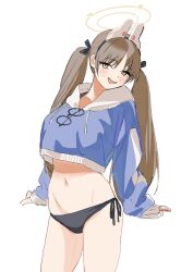 Rule 34 | 1girl, :d, blue archive, blue hoodie, blush, breasts, brown eyes, brown hair, commentary request, contrapposto, cowboy shot, crop top, crop top overhang, cropped hoodie, gomibako (gomibako price), groin, hairband, halo, highres, hood, hoodie, large breasts, long hair, long sleeves, looking at viewer, moe (blue archive), moe (swimsuit) (blue archive), open mouth, simple background, sleeves past wrists, smile, solo, twintails, very long hair, white background, yellow eyes