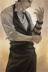 Rule 34 | 1boy, assassin&#039;s creed, assassin&#039;s creed (series), bartender, blouse, cowboy shot, desmond miles, concealed weapon, hidden blade (assassin&#039;s creed), male focus, ren (dokyakutu), shirt, solo, standing, weapon, white shirt
