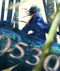 Rule 34 | 1boy, ahoge, bamboo, black hair, black tank top, blue eyes, blue jacket, blurry, closed mouth, dated, depth of field, from below, holding, holding sword, holding weapon, jacket, japanese clothes, long hair, long sleeves, looking ahead, male focus, moorabe chisa, off shoulder, partially underwater shot, ribbon, sasanuki (touken ranbu), sash, smile, solo, standing, sword, tachi (weapon), tank top, touken ranbu, water, weapon, wide sleeves, yellow ribbon