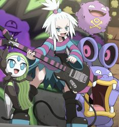 Rule 34 | 10s, 1girl, bare shoulders, bass guitar, blue eyes, boots, creatures (company), fangs, freckles, game freak, gen 1 pokemon, gen 3 pokemon, gen 5 pokemon, green hair, guitar, gym leader, hair bobbles, hair ornament, instrument, koffing, legendary pokemon, looking at viewer, loudred, meloetta, meloetta (aria), mythical pokemon, nintendo, open mouth, plectrum, pokemoa, pokemon, pokemon (creature), pokemon bw2, roxie (pokemon), smile, standing, white hair
