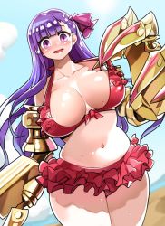 Rule 34 | 1girl, arm armor, armor, beach, bikini, blush, breasts, claws, collarbone, day, dot nose, facing viewer, fate/grand order, fate (series), frilled bikini, frills, fukumaaya, fukuokalx, hair ribbon, large breasts, long hair, looking at viewer, matching hair/eyes, navel, ocean, open mouth, outdoors, passionlip (fate), pink ribbon, purple eyes, purple hair, red bikini, ribbon, sky, smile, solo, standing, swimsuit, water