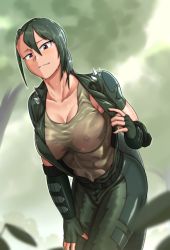 Rule 34 | 1girl, abs, american alligator (kemono friends), belt, blurry, blurry background, blurry foreground, bracer, breasts, cleavage, collarbone, day, closed eyes, fingerless gloves, gloves, green hair, haegiwa gonbee, half-closed eye, hand up, jacket, kemono friends, large breasts, leaning forward, long hair, looking at viewer, navel, nipples, no bra, outdoors, pants, purple eyes, see-through, short sleeves, solo, spiked jacket, spikes, stomach, toned, undershirt, wet, wet clothes, wet hair