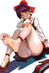 Rule 34 | 1girl, barefoot, blouse, blush, bow, choker, dress, dutch angle, facing viewer, feet, foot focus, full body, gegege no kitarou, gegege no kitarou 6, hair bow, high heels, highres, knees up, leg up, looking at viewer, nekomusume, nekomusume (gegege no kitarou 6), no socks, panties, pantyshot, parted lips, pointy ears, pov, pukara, pumps, purple hair, red bow, red choker, red dress, red footwear, shirt, shoes, unworn shoes, short hair, simple background, single shoe, sitting, soles, solo, thighs, toes, underwear, white background, white panties, white shirt, yellow eyes