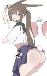 Rule 34 | 1girl, amiya (arknights), animal ears, aqua eyes, arknights, arm up, ass, black sailor collar, bright pupils, brown hair, cameltoe, chinese commentary, cleft of venus, commentary request, cropped shirt, hair between eyes, highres, jewelry, leaning back, light blush, long hair, looking at viewer, multiple views, open mouth, panties, pleated skirt, purple skirt, pussy juice, rabbit ears, rabbit girl, rabbit tail, ring, sailor collar, shirt, short sleeves, simple background, skirt, tail, turning head, twilight (cgkk4357), twitching, underwear, white background, white panties, white pupils, white shirt, white tail