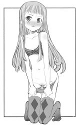 Rule 34 | 1girl, blush, bra, breasts, collarbone, copyright request, greyscale, highres, kusano kouichi, long hair, monochrome, navel, panties, panty pull, pussy, sidelocks, small breasts, solo, thighhighs, underwear, underwear only, white background