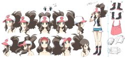 Rule 34 | 1girl, absurdres, antenna hair, asamaru1225, baseball cap, black footwear, black socks, black vest, black wristband, boots, brown hair, character sheet, closed mouth, collarbone, commentary request, creatures (company), exposed pocket, game freak, hand on headwear, hand up, hat, high ponytail, highres, hilda (pokemon), knees, long hair, multiple views, nintendo, open clothes, open vest, poke ball print, pokemon, pokemon bw, shirt, short shorts, shorts, sidelocks, sleeveless, sleeveless shirt, socks, standing, vest, white background, white headwear, white shirt