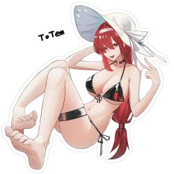 1girl bikini black_bikini blunt_bangs breasts choker hair_over_one_eye hairband hat highres large_breasts limbus_company project_moon red_hair sidelocks swimsuit thighhighs thighs two_strongtiger v white_hairband white_hat yellow_eyes yuri_(project_moon)