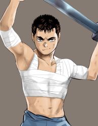 Rule 34 | 1boy, aged down, bandaged arm, bandaged chest, bandages, bandages around chest, berserk, brown background, brown hair, guts (berserk), highres, holding, holding sword, holding weapon, kanaty 12, looking at viewer, male focus, muscular, muscular male, navel, simple background, solo, sword, weapon