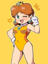 Rule 34 | 1girl, ;d, blue eyes, breasts, brown hair, covered navel, cowboy shot, crown, earrings, flower earrings, gloves, hand on own hip, heart, highres, jewelry, leotard, looking at viewer, mario &amp; sonic at the london 2012 olympic games, mario &amp; sonic at the olympic games, mario (series), medium breasts, nintendo, one eye closed, open mouth, orange leotard, princess daisy, princess daisy (swimwear), sega, short hair, simple background, smile, solo, standing, two-tone leotard, v, white gloves, wink, yellow leotard, yume yoroi