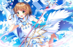 Rule 34 | 1girl, :d, blue sky, blush, brown hair, bubble, cardcaptor sakura, cloud, commentary, crown, day, dress, gloves, green eyes, holding, holding staff, kinomoto sakura, mini crown, open mouth, outdoors, shoes, short hair with long locks, sky, smile, solo, squchan, staff, white dress, white footwear, white gloves, yume no tsue