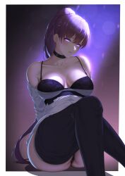 Rule 34 | 1girl, absurdres, arms behind back, black bra, black choker, black panties, black thighhighs, blurry, blush, bokeh, bra, breasts, choker, cleavage, clothes pull, collarbone, commentary, curvy, depth of field, dolla (nikke), feet out of frame, goddess of victory: nikke, high ponytail, highres, large breasts, long hair, looking at viewer, nmi, off shoulder, panties, parted lips, ponytail, purple eyes, purple hair, seductive smile, shirt, shirt pull, sitting, smile, solo, spotlight, thick thighs, thighhighs, thighs, underbust, underwear, white shirt