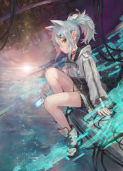 Rule 34 | 1girl, animal ears, arm support, black shorts, boots, cellphone, commentary request, eyebrows hidden by hair, from side, full body, green hair, hair between eyes, hair ornament, hairclip, headgear, highres, holding, holding phone, jacket, knee up, long sleeves, looking at viewer, looking to the side, mizore akihiro, original, phone, ponytail, short shorts, shorts, silver hair, sitting, sleeves past wrists, solo, sparkle, sunrise, white footwear, white jacket