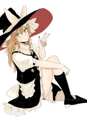 Rule 34 | 1girl, apron, black footwear, black hat, black nails, black skirt, black socks, black vest, blonde hair, bow, braid, buttons, closed mouth, double-breasted, fingernails, from side, green eyes, hair between eyes, hat, hat bow, kirisame marisa, long hair, looking at viewer, looking to the side, nail polish, necro (nekurodayo), shoes, side braid, simple background, skirt, socks, solo, touhou, vest, w, white apron, white background, white bow, witch hat