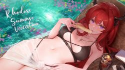 Rule 34 | 1girl, :p, arknights, bare shoulders, bikini, black bikini, breasts, commission, cross, cross necklace, cup, drinking glass, food, hair intakes, highres, holding, holding food, horns, ink., jewelry, large breasts, long hair, looking at viewer, lying, navel, necklace, popsicle, purple eyes, red hair, sarong, skeb commission, solo, stomach, surtr (arknights), swimsuit, tongue, tongue out