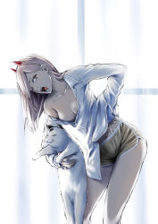 Rule 34 | + +, 1girl, animal, backlighting, bare legs, breasts, cat, chainsaw man, cleavage, collarbone, collared shirt, commentary, cowboy shot, cross-shaped pupils, curtains, demon horns, downblouse, dress shirt, eyelashes, hand on own hip, highres, holding, holding animal, holding cat, horns, leaning forward, long hair, long sleeves, looking at viewer, loose clothes, loose shirt, medium breasts, meowy (chainsaw man), midriff, no bra, off shoulder, one eye closed, open mouth, orange eyes, parted bangs, pink hair, power (chainsaw man), sharp teeth, shirt, short shorts, shorts, solo, sunlight, symbol-shaped pupils, teeth, thighs, white shirt, window, yellow shorts, zanpan526
