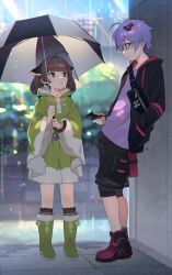 Rule 34 | 1boy, 1girl, :o, bag, black jacket, black shorts, blurry, blurry background, boots, brown eyes, brown hair, building, cellphone, charm (object), coat, fanny pack, glasses, green footwear, hair ornament, hand in pocket, headgear, highres, holding, holding phone, holding umbrella, hood, hood down, hooded coat, jacket, long sleeves, open clothes, open jacket, outdoors, parted lips, phone, purple eyes, purple hair, purple shirt, rain, raincoat, shirinda fureiru, shirt, shorts, smartphone, standing, touhoku kiritan, touhoku zunko, twintails, umbrella, voiceroid, wide sleeves, yuzuki yukari&#039;s younger twin brother