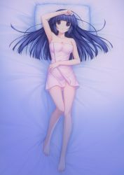 Rule 34 | 1girl, absurdres, arm up, armpits, artist request, barefoot, bed, bed sheet, blue hair, breasts, cleavage, collarbone, dakimakura (medium), feet, full body, game cg, highres, legs, looking at viewer, lying, muv-luv, muv-luv alternative, muv-luv alternative chronicles, naked towel, on back, pillow, purple eyes, sendou yuzuka, solo, thigh gap, towel