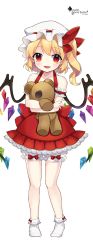 Rule 34 | 1girl, adapted costume, arm garter, arm strap, bare shoulders, blonde hair, bloomers, bow, collarbone, crossed arms, dress, fang, flandre scarlet, hat, hat bow, himaya, hugging doll, hugging object, looking at viewer, mob cap, open mouth, pigeon-toed, red dress, red eyes, ribbon, side ponytail, simple background, sleeveless, sleeveless dress, smile, socks, solo, stuffed animal, stuffed toy, teddy bear, touhou, underwear, white background, white socks, wings