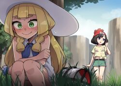 Rule 34 | 2girls, bag, blonde hair, blunt bangs, blush, braid, closed mouth, cloud, collared dress, commentary request, creatures (company), day, dress, duffel bag, game freak, grass, hat, heebee, highres, knees, lillie (pokemon), long hair, looking down, multiple girls, nervous smile, nintendo, outdoors, panties, panty pull, poke ball print, pokemon, pokemon sm, selene (pokemon), sky, sleeveless, sleeveless dress, smile, sun hat, sweat, tree, twin braids, underwear, white bag, white dress, white headwear