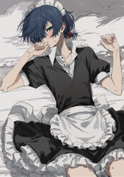 Rule 34 | alternate costume, apron, black dress, blue eyes, blue hair, blush, closed mouth, commentary request, crossdressing, dress, enmaided, frills, hair between eyes, hair ribbon, highres, looking at viewer, lying, maid, maid headdress, male focus, on back, persona, persona 3, puffy short sleeves, puffy sleeves, red ribbon, ribbon, short sleeves, solo, sweat, tamaon 2525, trap, waist apron, yuuki makoto (persona 3)