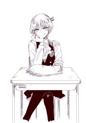 Rule 34 | 1girl, animal hands, ascot, bad id, bad twitter id, blush, closed mouth, copyright request, crossed legs, desk, feet out of frame, greyscale, hair ornament, hairpin, hand up, head rest, highres, long sleeves, monochrome, nikaidou kou, pantyhose, ringed eyes, school desk, school uniform, short hair, simple background, sitting, skirt, smile, solo, white background