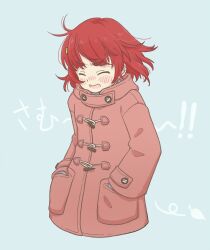 Rule 34 | 1girl, anzai miyako, blue background, blush, brown coat, closed eyes, coat, commentary, dot nose, hands in pockets, highres, idolmaster, idolmaster cinderella girls, long sleeves, open mouth, red hair, sault93726525, short hair, sidelocks, solo, symbol-only commentary, thick eyebrows, v-shaped eyebrows, wavy mouth, wind