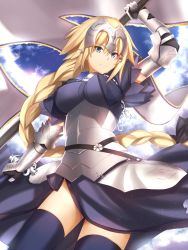 Rule 34 | 1girl, absurdres, arm up, armor, armored dress, beret, black ribbon, blonde hair, blue eyes, blue sky, blue thighhighs, braid, breasts, broken, broken chain, capelet, chain, closed mouth, cloud, cowboy shot, day, dress, dual wielding, eyebrows, fate/apocrypha, fate (series), faulds, flag, floating hair, gauntlets, hair between eyes, hair ribbon, hat, headpiece, highres, holding, jeanne d&#039;arc (fate), jeanne d&#039;arc (ruler) (fate), light particles, long hair, looking at viewer, maosame, medium breasts, pole, purple dress, ribbon, single braid, sky, solo, thighhighs