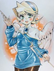 Rule 34 | 1girl, blonde hair, breasts, breath of fire, breath of fire iv, brooch, dress, earrings, groin, hairband, highres, jewelry, nina (breath of fire iv), pantyhose, short hair, skin tight, solo, staff, wings