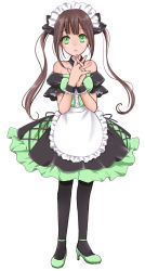 Rule 34 | 1girl, apron, bare shoulders, brown hair, choker, dress, full body, green eyes, high heels, long hair, maid, maid apron, maid headdress, original, own hands clasped, own hands together, pantyhose, shoes, simple background, solo, twintails, waist apron, white background, wrist cuffs, yumegi atsuki