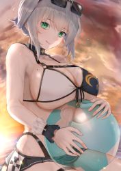 Rule 34 | 1girl, :p, absurdres, ball, bare arms, bare legs, bare shoulders, barefoot, beach, beachball, bikini, bikini skirt, breasts, cleavage, cloud, collarbone, evening, eyewear on head, front-tie bikini top, front-tie top, green eyes, grey hair, hair between eyes, halterneck, highres, holding, hololive, large breasts, licking lips, looking at viewer, mole, mole on breast, ocean, outdoors, pleated skirt, rushian, shirogane noel, shirogane noel (summer 2020), short hair, sideboob, sitting, skirt, sky, solo, sunglasses, sunset, swimsuit, teeth, thigh strap, tongue, tongue out, towel, tree, two-tone swimsuit, underboob, upper teeth only, virtual youtuber