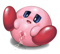 Rule 34 | 1girl, aftersex, anus, blue eyes, blush, censored, clitoris, colored skin, cum, cum in pussy, feet, female focus, jitome, kirby, kirby (series), kurobedamu, legs up, lying, mosaic censoring, nintendo, no humans, on back, open mouth, pink skin, pointless censoring, pussy, pussy juice, saliva, simple background, solo, spread pussy, sweat, tearing up, white background