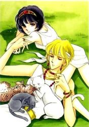 Rule 34 | 1boy, 1girl, animal, bare shoulders, black hair, blonde hair, cat, collarbone, dress, earrings, closed eyes, grass, jewelry, kail mursili, looking back, lowres, lying, necklace, on back, outdoors, plant, red river, shinohara chie, sleeping, smile, suzuki yuri, tiara, white dress
