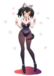 Rule 34 | 1girl, alternate hairstyle, animal ears, bare arms, bare shoulders, black footwear, black hair, black leotard, black pantyhose, blush, breasts, cleavage, closed eyes, clothing cutout, commentary, cutout above navel, detached collar, double v, embarrassed, fake animal ears, full-face blush, full body, gluteal fold, heart cutout, highleg, highleg leotard, highres, hololive, kani bonara, legs apart, leotard, long hair, medium breasts, multicolored hair, nervous sweating, ookami mio, pantyhose, playboy bunny, rabbit ears, red hair, solo, strapless, strapless leotard, strappy heels, streaked hair, sweat, tail, tail around own leg, tail wrap, thigh gap, twintails, v, very sweaty, virtual youtuber, wing collar, wolf ears, wolf girl, wolf tail, wrist cuffs