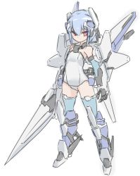 Rule 34 | 1girl, bare shoulders, black gloves, blue hair, blue thighhighs, breasts, closed mouth, copyright request, elbow gloves, full body, gloves, hair between eyes, headgear, holding, holding sword, holding weapon, karukan (monjya), leotard, looking at viewer, mecha musume, red eyes, simple background, small breasts, solo, sword, thighhighs, weapon, white background, white leotard