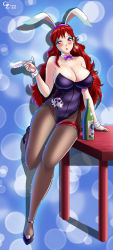 Rule 34 | animal ears, blue eyeshadow, blush, bottle, bow, bowtie, breasts, captain syrup, cleavage, collared shirt, cup, drinking glass, earrings, eyeshadow, highres, hisui1986, jewelry, large breasts, leotard, long hair, looking at viewer, makeup, nintendo, pantyhose, parted lips, playboy bunny, rabbit ears, red eyes, red hair, shirt, shoes, table, wario land, wine bottle, wine glass