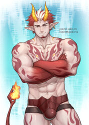 Rule 34 | 1boy, abs, bara, biceps, borrowed character, bulge, colored extremities, colored skin, crossed arms, demon boy, demon boy (amaimochi), demon horns, demon tail, earrings, eyebrow cut, eyebrow piercing, facial hair, feet out of frame, fingernails, flame-tipped tail, flame tattoo, goatee, gradient skin, highres, hoop earrings, horns, jewelry, kulolin, large pectorals, looking at viewer, male focus, mature male, multicolored hair, muscular, muscular male, navel, original, pectorals, piercing, pointy ears, red hair, red skin, sharp fingernails, short hair, sideburns, single earring, solo, stomach, streaked hair, tail, thighs, topless male, white hair