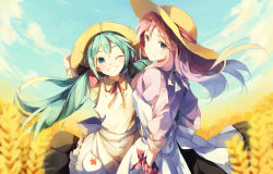 Rule 34 | 2girls, apron, aqua eyes, aqua hair, arms on head, black skirt, blue eyes, blue sky, blush, calendar (medium), cloud, cloudy sky, commentary, day, fisheye, frilled apron, frills, grin, hat, hatsune miku, highres, imoko (imonatsuki), leaf print, light blush, long hair, looking at viewer, looking back, megurine luka, multiple girls, neck ribbon, one eye closed, open mouth, outdoors, parted lips, pink hair, pink shirt, red ribbon, ribbon, scrunchie, shirt, skirt, sky, smile, standing, straw hat, twintails, upper body, very long hair, vocaloid, wheat, wheat field, white shirt, wrist scrunchie