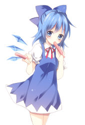 Rule 34 | 1girl, bad id, bad pixiv id, blue eyes, blue hair, bow, cirno, dress, female focus, hair ribbon, ice, matching hair/eyes, otototo, ribbon, short hair, simple background, solo, touhou, white background, wings