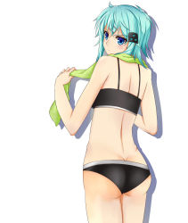 Rule 34 | &gt;:|, 10s, 1girl, :|, aqua hair, ass, bare back, bare shoulders, black bra, blue eyes, bra, butt crack, closed mouth, expressionless, from behind, hair between eyes, hair ornament, hairclip, hip bones, looking afar, looking back, natsuki jun, short hair, simple background, sinon, solo, sports bra, standing, sword art online, thighs, towel, towel around neck, underwear, underwear only, v-shaped eyebrows, white background