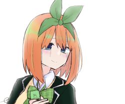 Rule 34 | 1girl, black jacket, blazer, blue eyes, blush, bow, closed mouth, collared shirt, commentary request, crying, crying with eyes open, eyebrows hidden by hair, go-toubun no hanayome, green bow, green ribbon, hair between eyes, hair ribbon, hand up, jacket, kujou karasuma, looking at viewer, nakano yotsuba, open clothes, open jacket, orange hair, plaid, plaid bow, ribbon, shirt, signature, simple background, smile, solo, sweater vest, tears, upper body, white background, white shirt